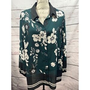 Avenue Womens Green Floral Print Button Up Collared‎ Shirt Top Plus Size 18 20